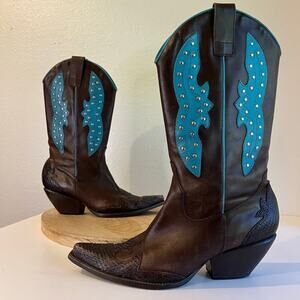 BCBG Y2K Brown Genuine Leather Studded Western Turquoise Boots Size 8.5